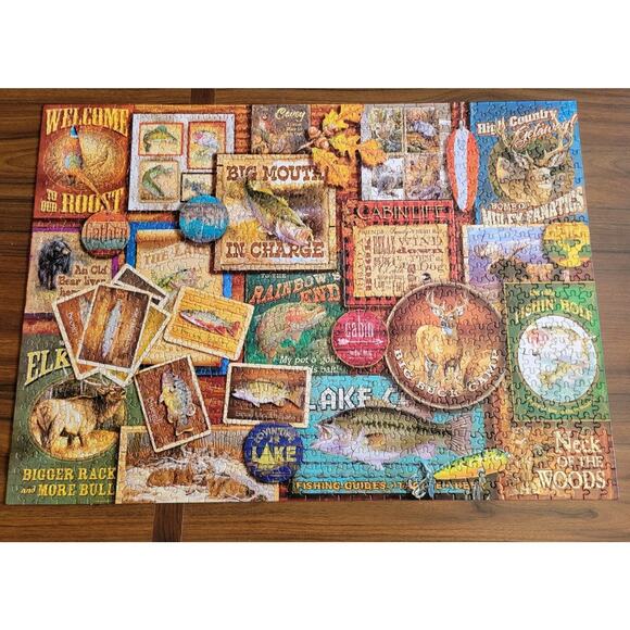 Jigsaw Puzzle 1000 Pcs Rustic Lodge Hunting Fishing Camping Art Collage Complete - Picture 6 of 9